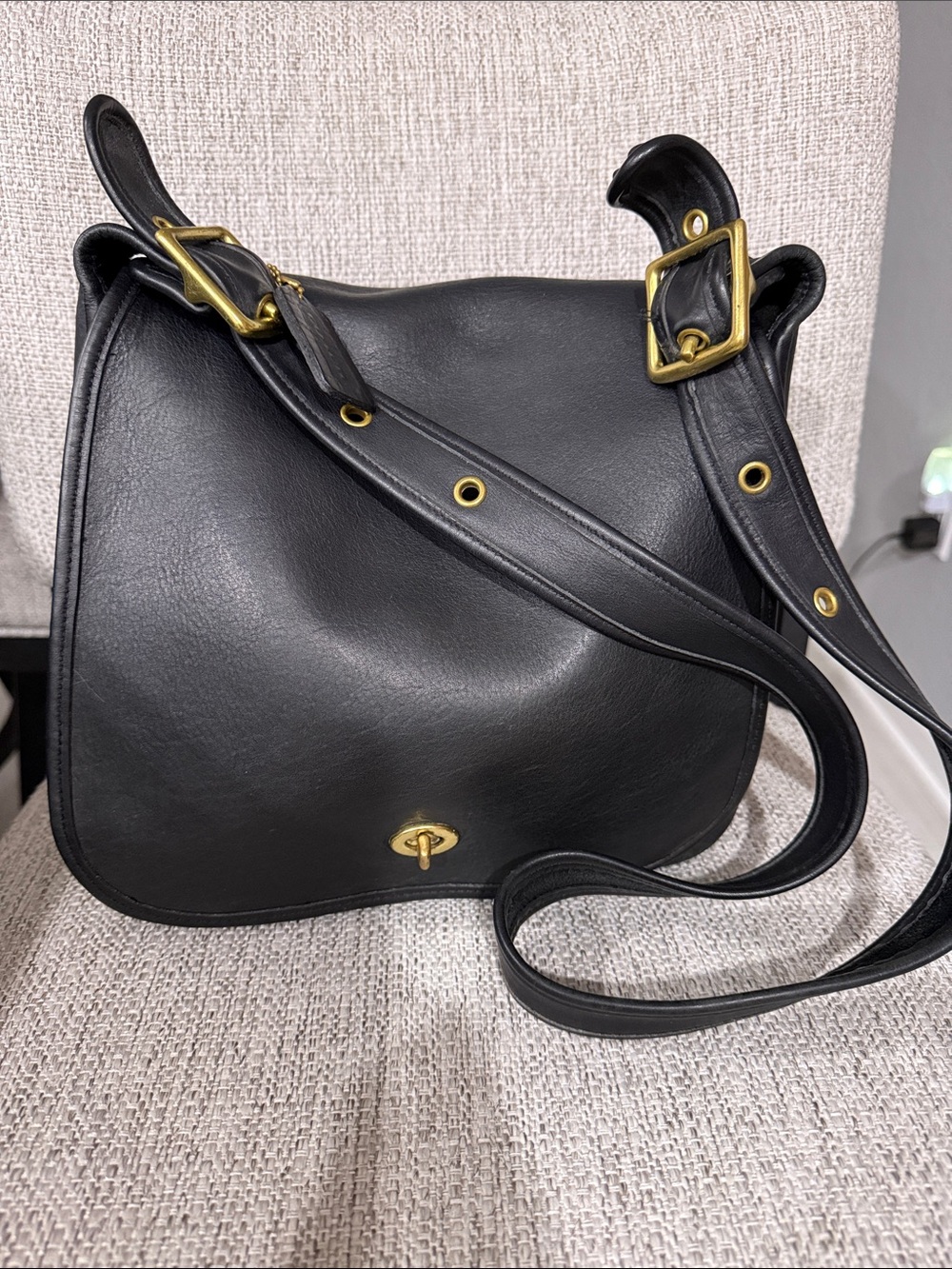 Classic Black Coach Stewardess Crossbody Bag with brass Hardware